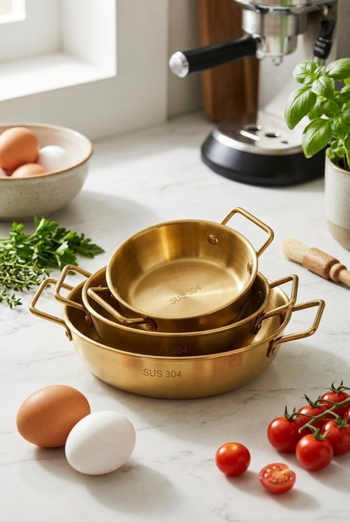 Paslanmaz Çelik Gold Renk Çift Kulplu 3’Lü Derin Sahan Seti Pişirme Ve Sunum Tavası 10,5 Cm - 12 Cm - 14 Cm'ın resmi