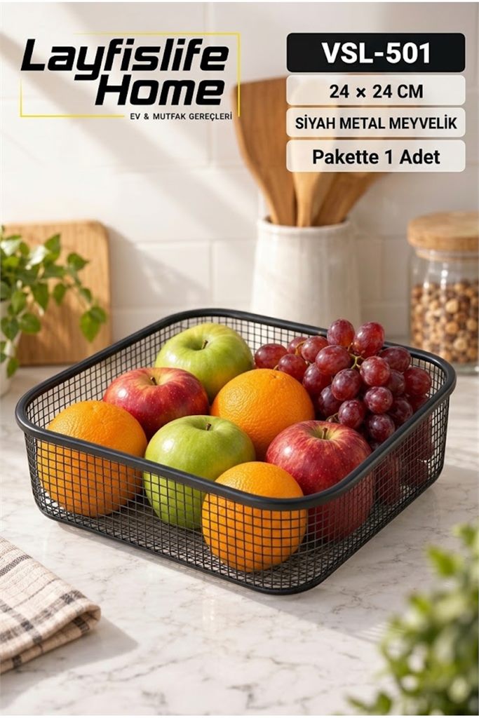 Siyah Metal Meyvelik Sepet 24X24 Cm Dekoratif Mutfak Ve Masa Üstü Meyve Sepeti Vsl-501'ın resmi