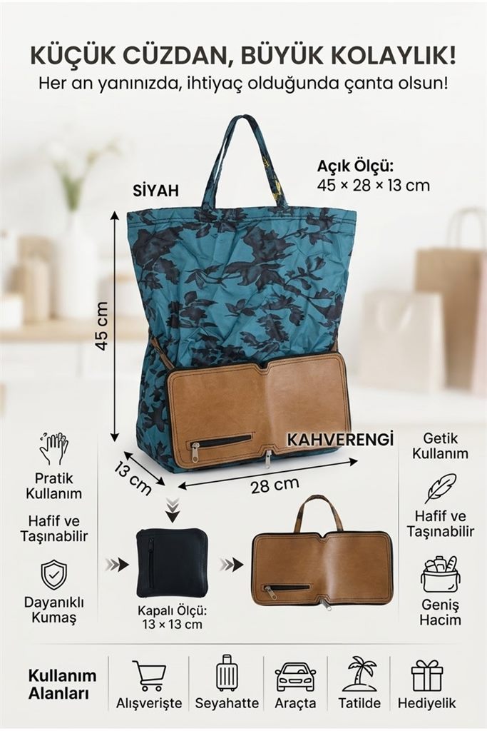 Cüzdanlı Katlanabilir Alışveriş Çantası 45X28x13 Cm – Pratik Taşınabilir Pazar Market Çantası'ın resmi