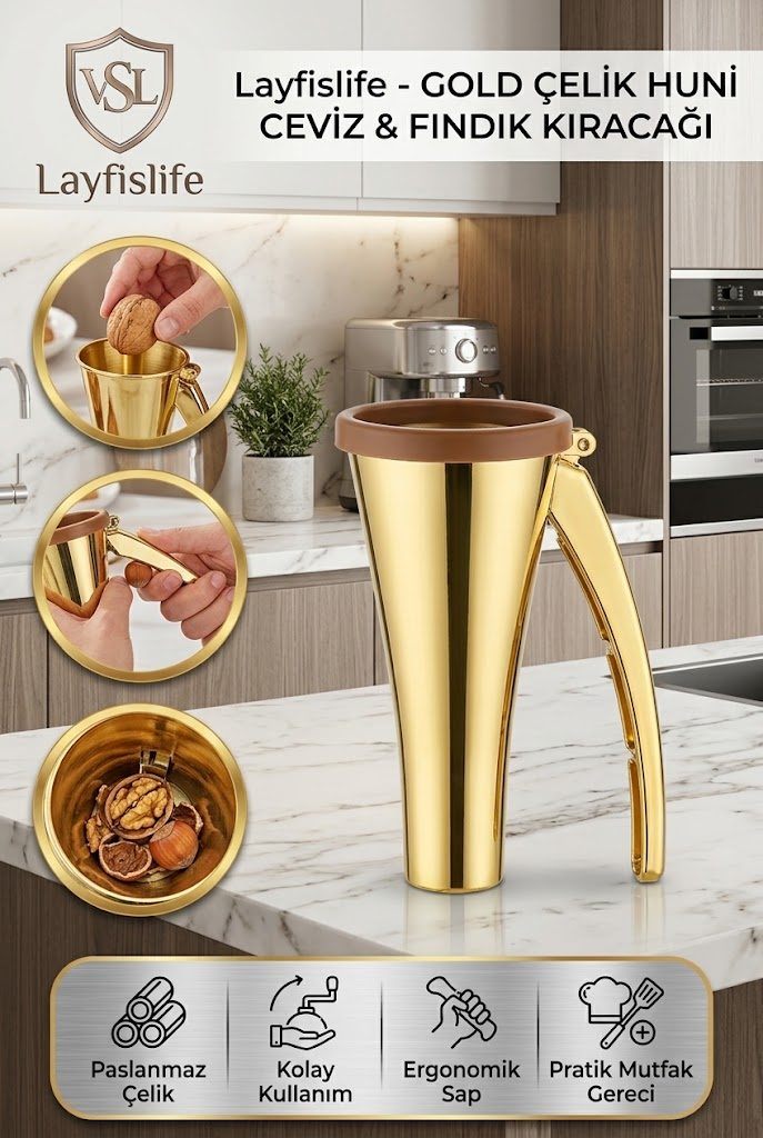Gold Çelik Huni Ceviz Ve Fındık Kıracağı – Ergonomik Saplı Pratik Kuruyemiş Kırma Aparatı'ın resmi